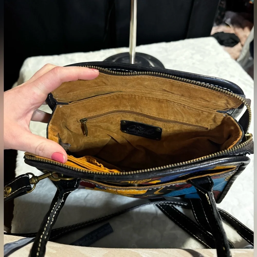 Patricia Nash leather top handle abstract faces crossbody bag